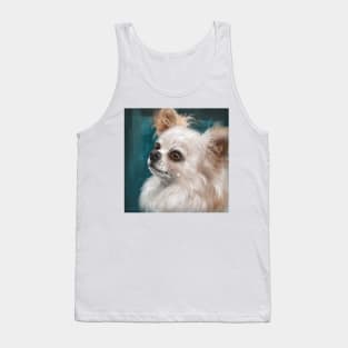 Cute Furry White and Brown Chihuahua on Dark Green Background Tank Top